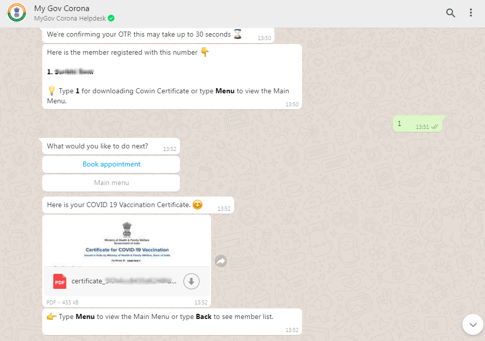covid vaccination certificate via whatsapp