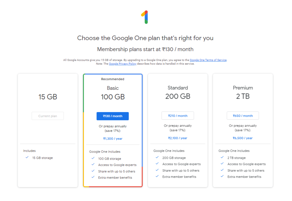 Google One plans